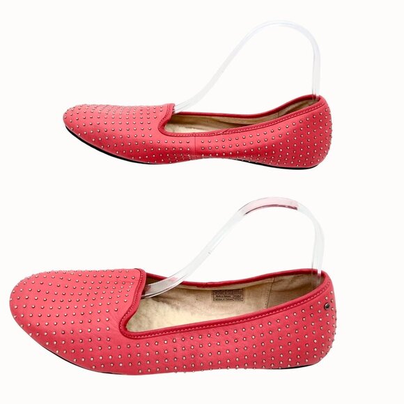 UGG ALLOWAY PINK LEATHER SILVER STUDDED SHEARLING FLATS - 10 - Picture 2 of 9